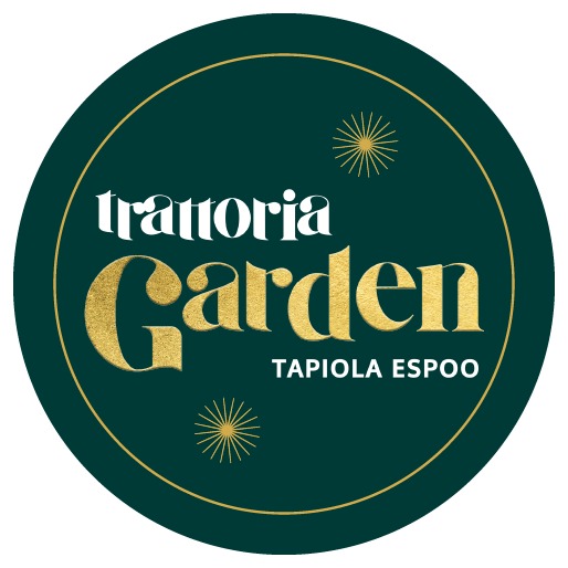 Rund mörkgrön logotyp med gyllene text "trattoria Garden" och "TAPIOLA ESPOO" samt gyllene stjärnliknande dekorationer.