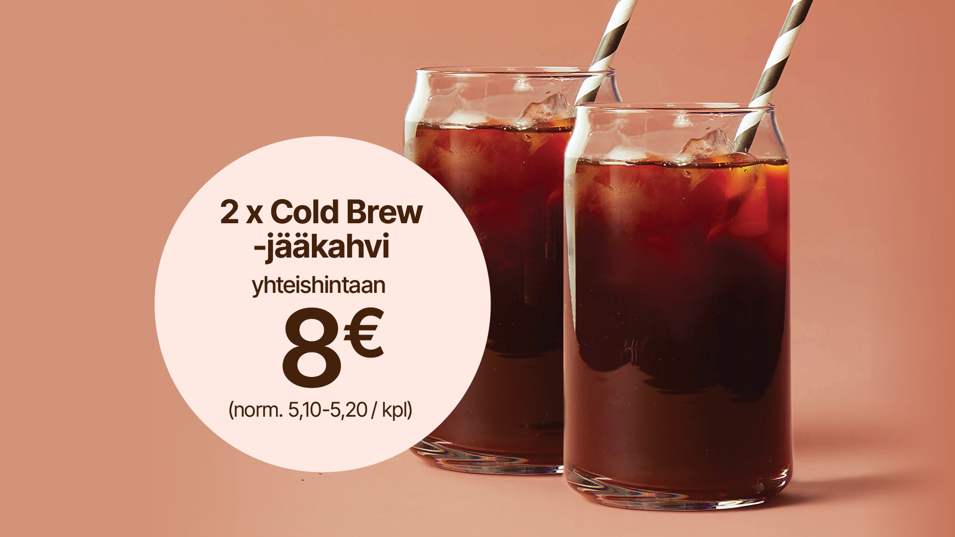 Two glasses of iced coffee with striped straws on a light pink background.