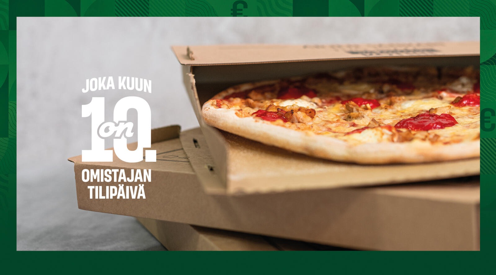 Fresh pizza in cardboard box on wooden table.