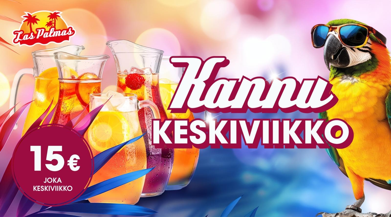 Värikkäittä hedelmiä ja juomaa sisältäviä juomakannuja sekä teksti "Kannukeskiviikkoa, 15 € joka keskiviikko"