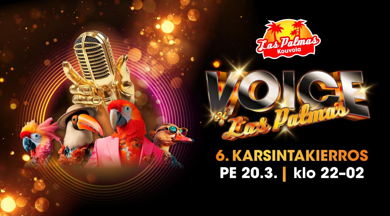 Promokuva Voice of Las Palmas -karaoketapahtumasta, jossa lintuja pukeutuneena tyylikkäästi kultaisen mikrofonin ympärillä.