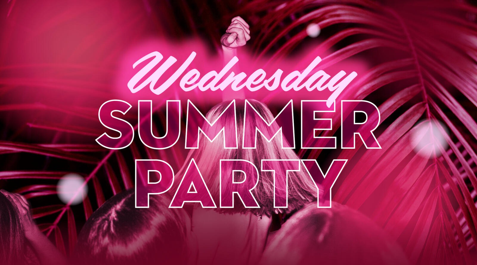 Summer party event in festival atmosphere with people in pink and magenta lighting.