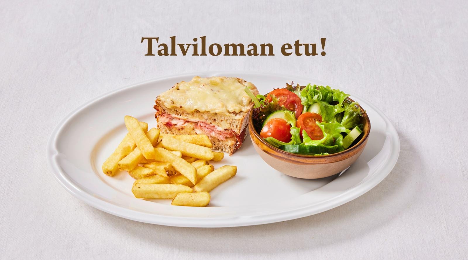 Lasten leipäannos ranskalaisilla ja salaatilla.