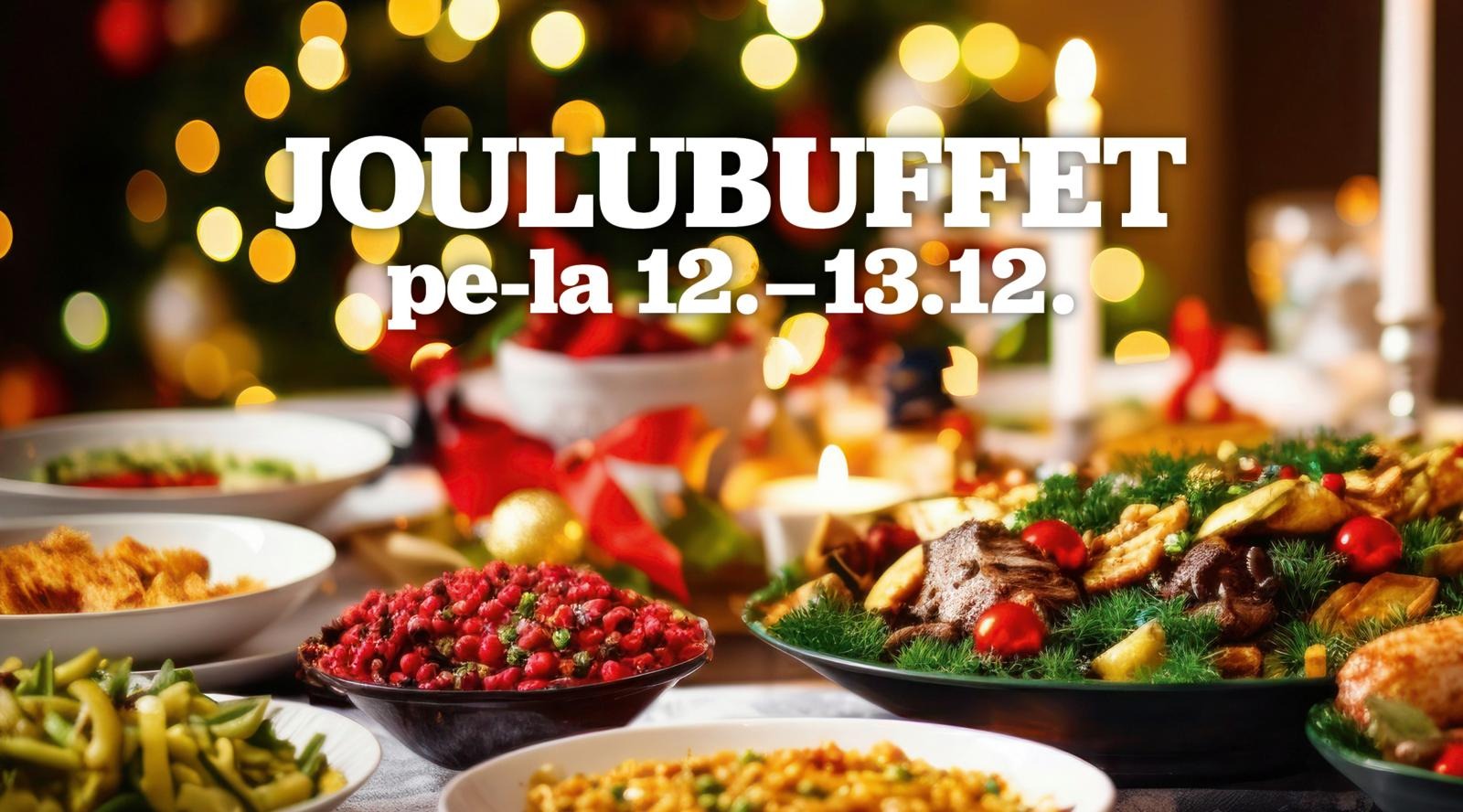 Festive Christmas buffet table with various dishes including meat, cranberries, and vegetables, with holiday lights in background.