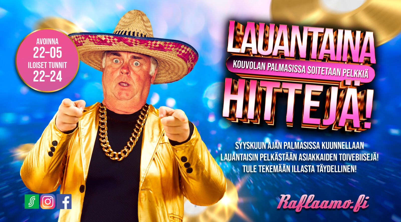 Performer in golden jacket and sombrero pointing towards viewer enthusiastically in colourful lighting.