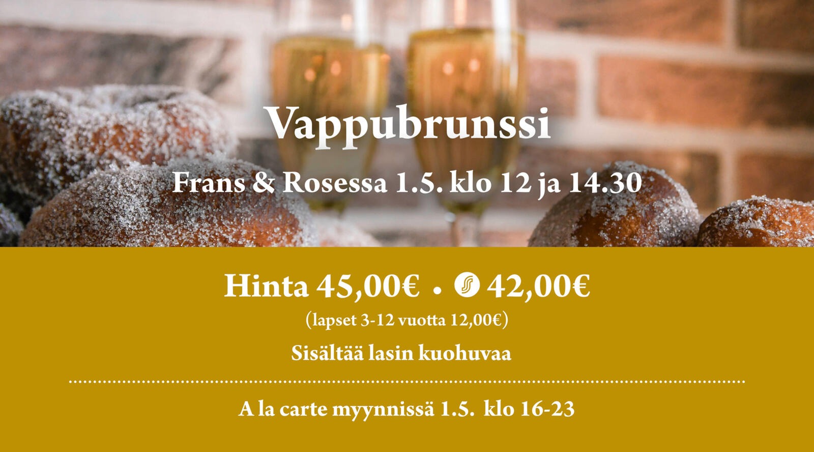 Pyöreitä munkkeja ja kaksi simalasia, taustalla tiiliseinä.