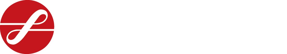 A white cursive f-like symbol on a round red background.
