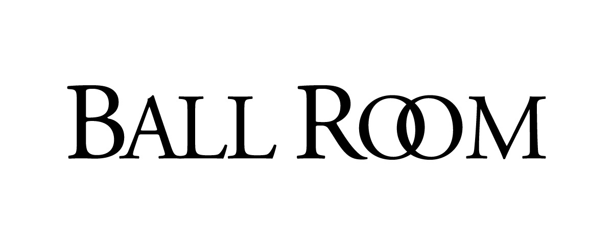 Elegantisti muotoiltu Ball Room -sana mustalla fontilla valkoisella taustalla.