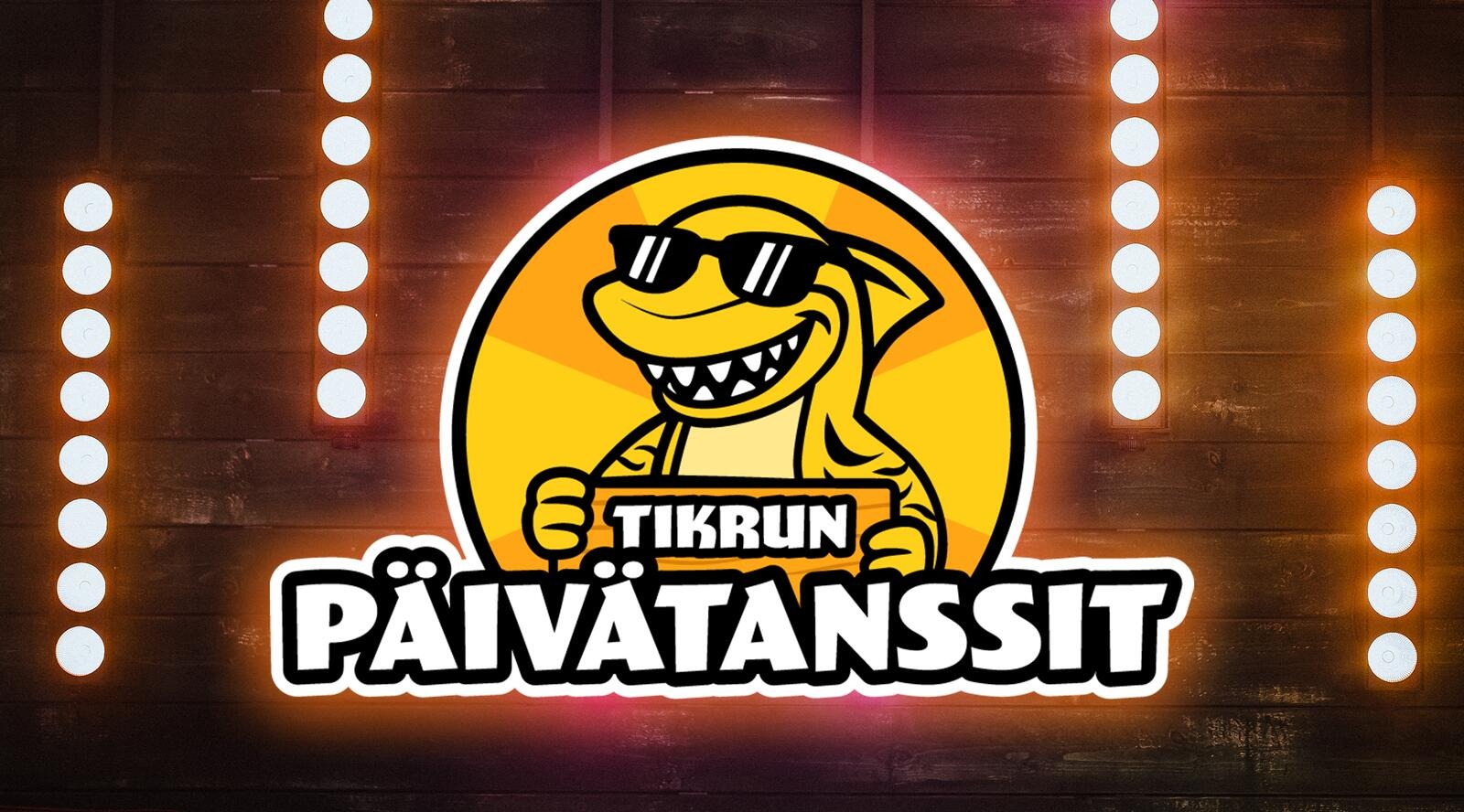 Tiikerihain Tikru onnenpyörämäisen Haihyrrän ja karaokelavojen valojen edessä sekä teksti "Tikrun Päivätanssit"