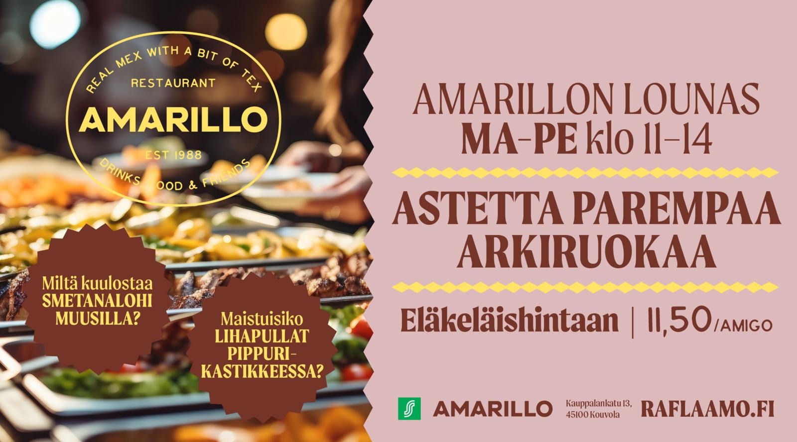 Amarillo-ravintolan mainosjuliste, jossa näkyy meksikolaista ruokaa ja ravintolan logo.