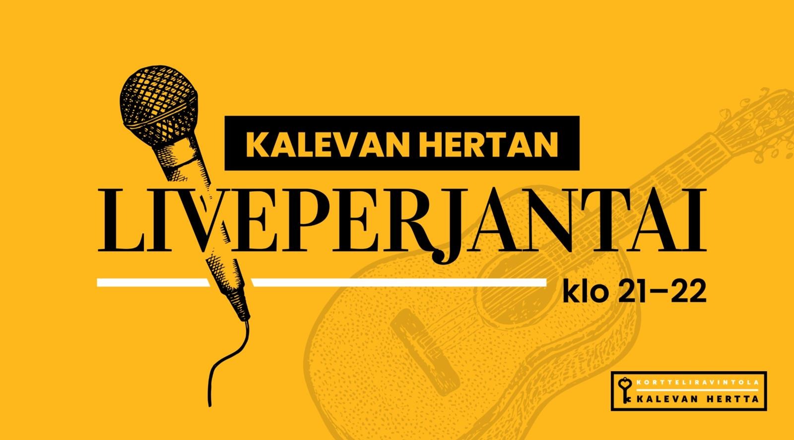 Mikrofoni ja teksti "Kalevan Hertan Liveperjantai klo 21-22"