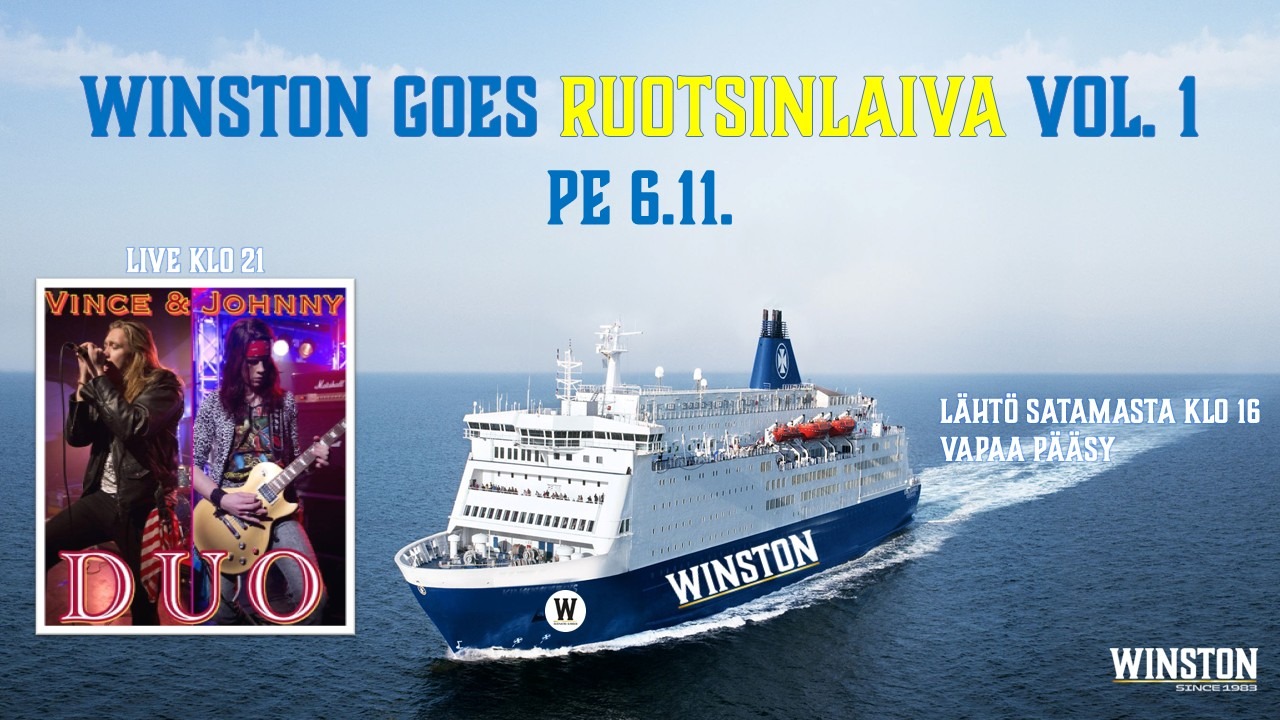 Suur valge-sinine reisilaev sõidab selge ilmaga avamerel. Vasakul on foto kahest rokkmuusikust: lauljast ja kitarristist.