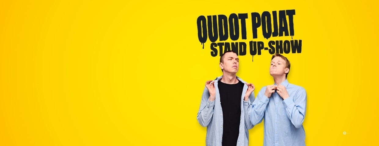 Two performers against a bright yellow background.