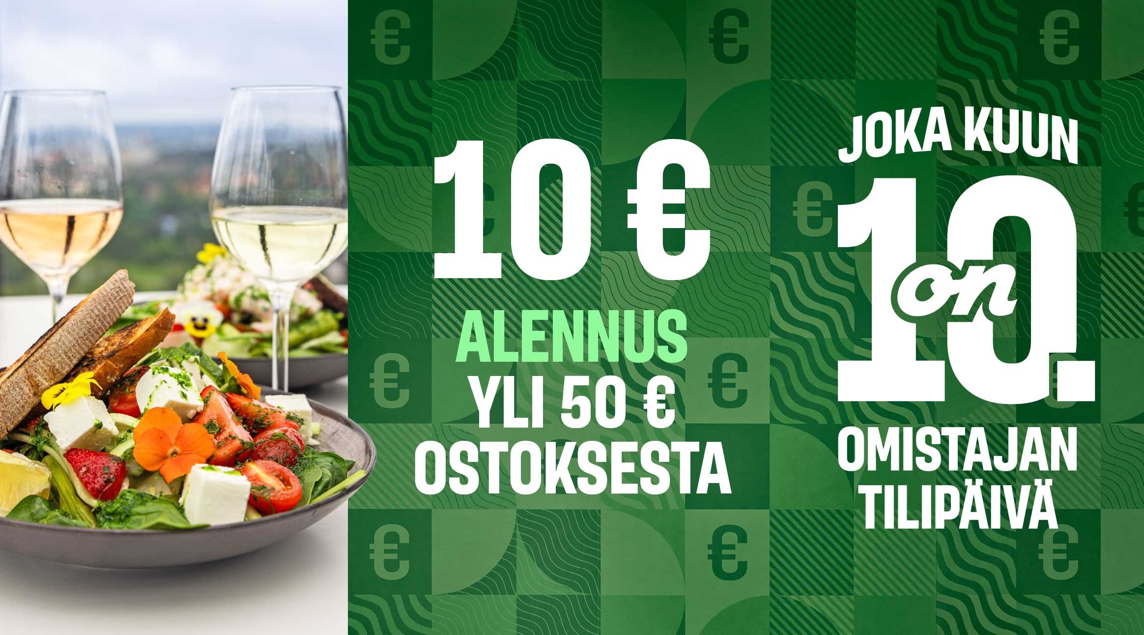 Lautasella värikäs salaatti ja leipää, vieressä kaksi lasia valkoviiniä, taustalla näkyy maisema ravintolan ikkunasta.