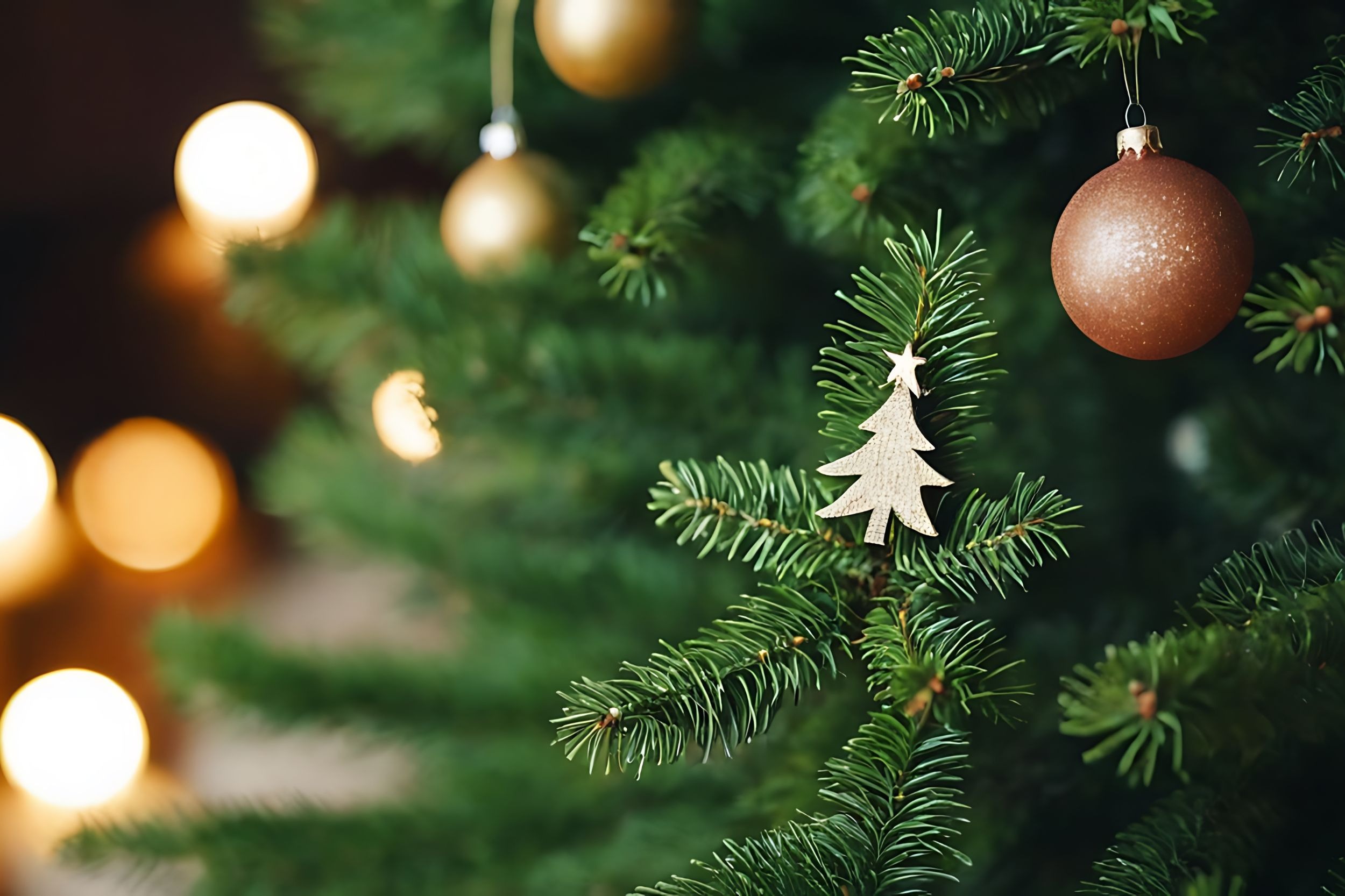Green Christmas tree branches featuring a wooden tree ornament and a brown bauble. Golden ornaments and soft light glow in the background.