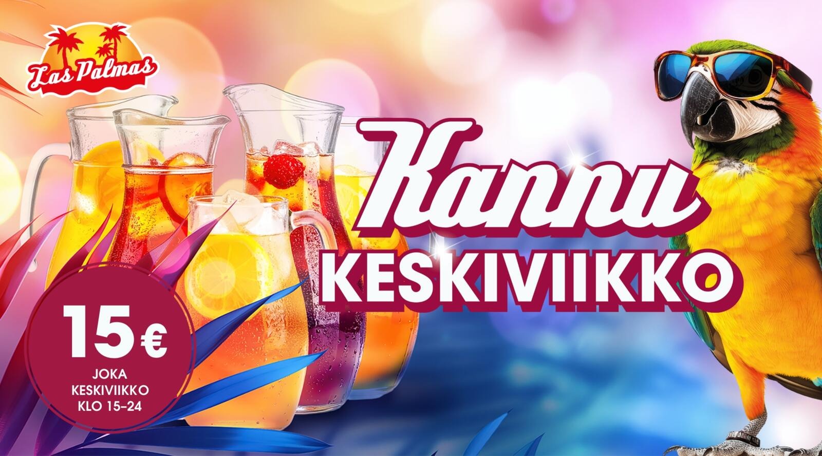 Tekstiä kannukeskiviikosta ja hinta. Kannujen kuvia ja papukaija, jolla aurinkolasit päässä.
