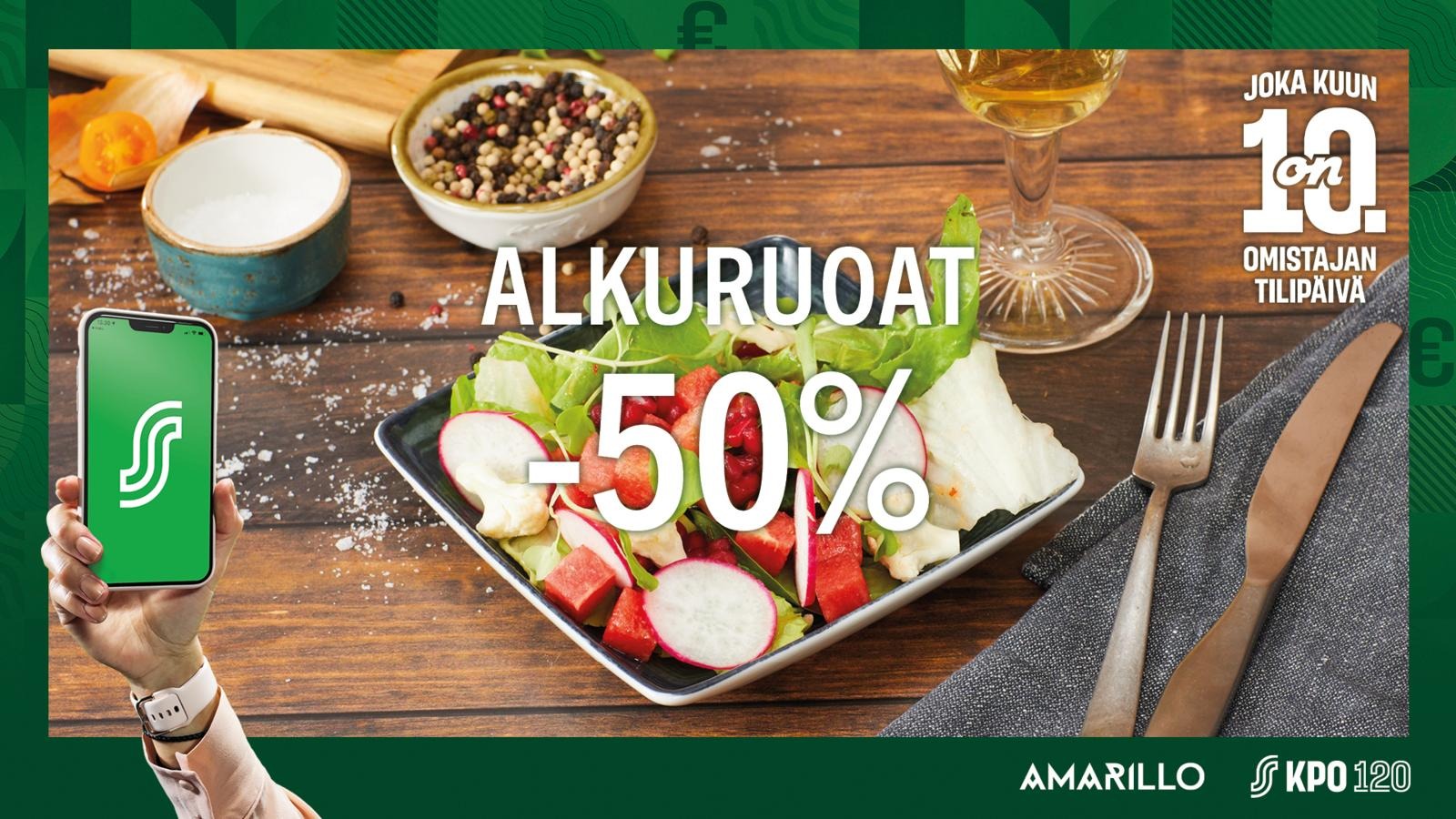 På ägarkundens lönedag den 10.5 får du alla förrätter till -50%