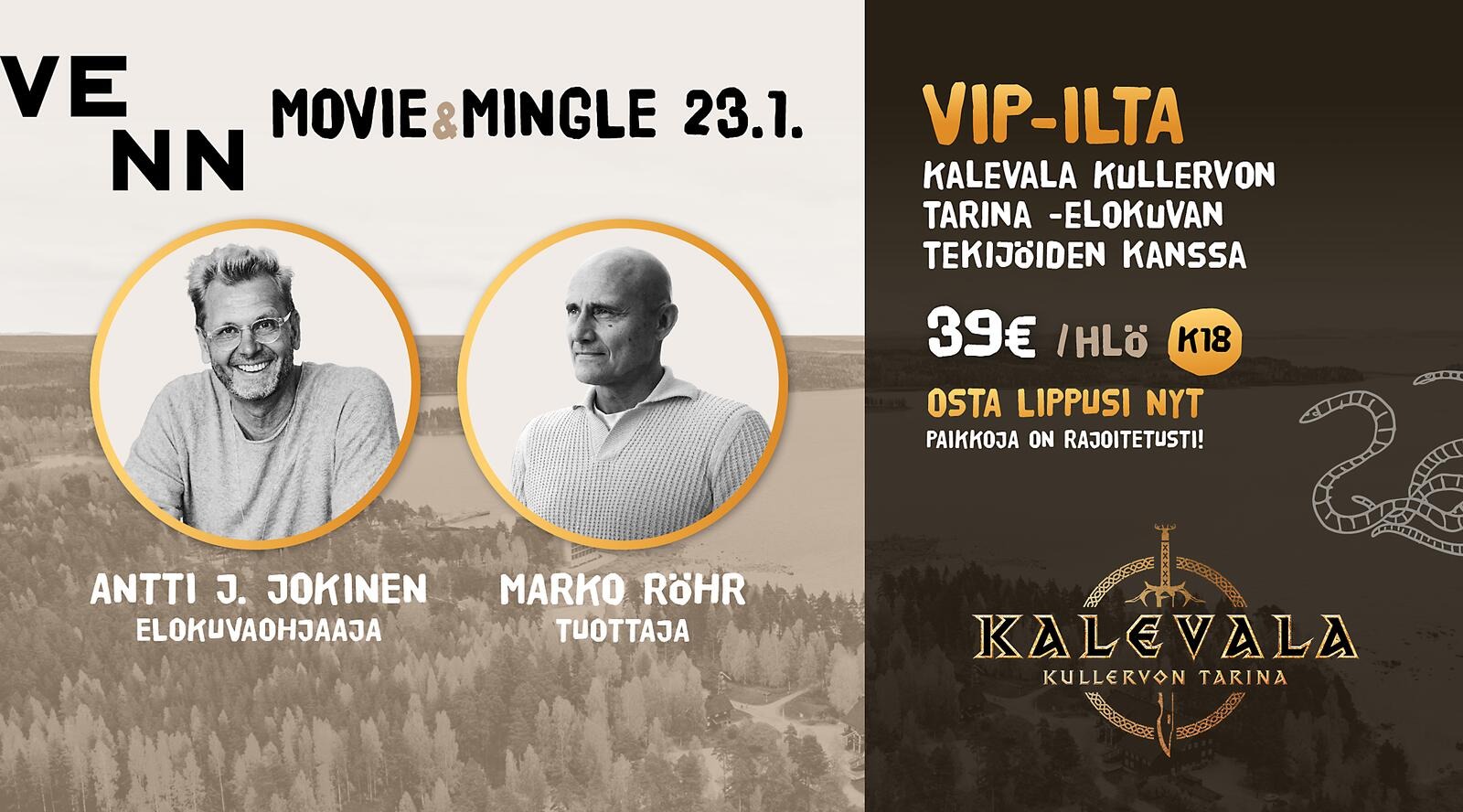 Reklamaffisch för Movie & Mingle-filmevenemanget med information om Kalevala-filmens skapare och VIP-kvällens detaljer.