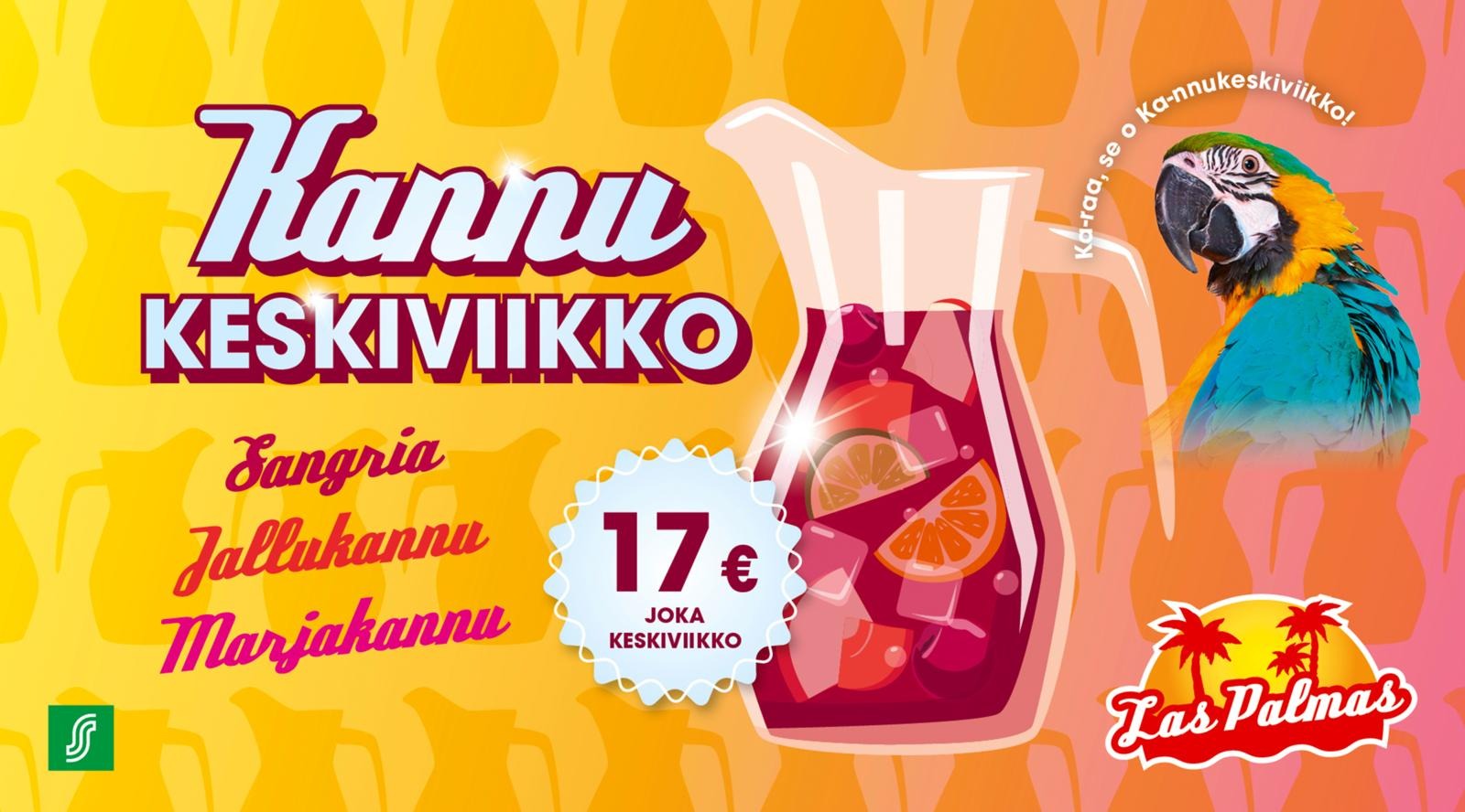 Las Palmas Kannukeskiviikon mainos, jossa on sangriakannu, 17 euron hinta ja Polly-papukaija