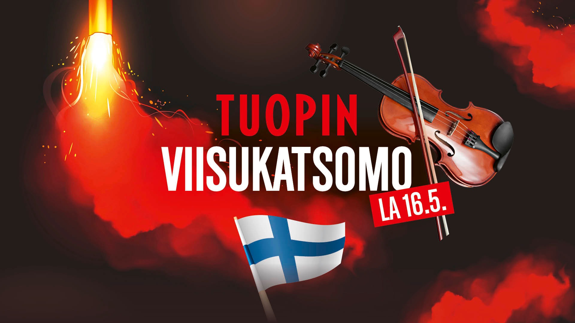 Violin and bow in dramatic red lighting.