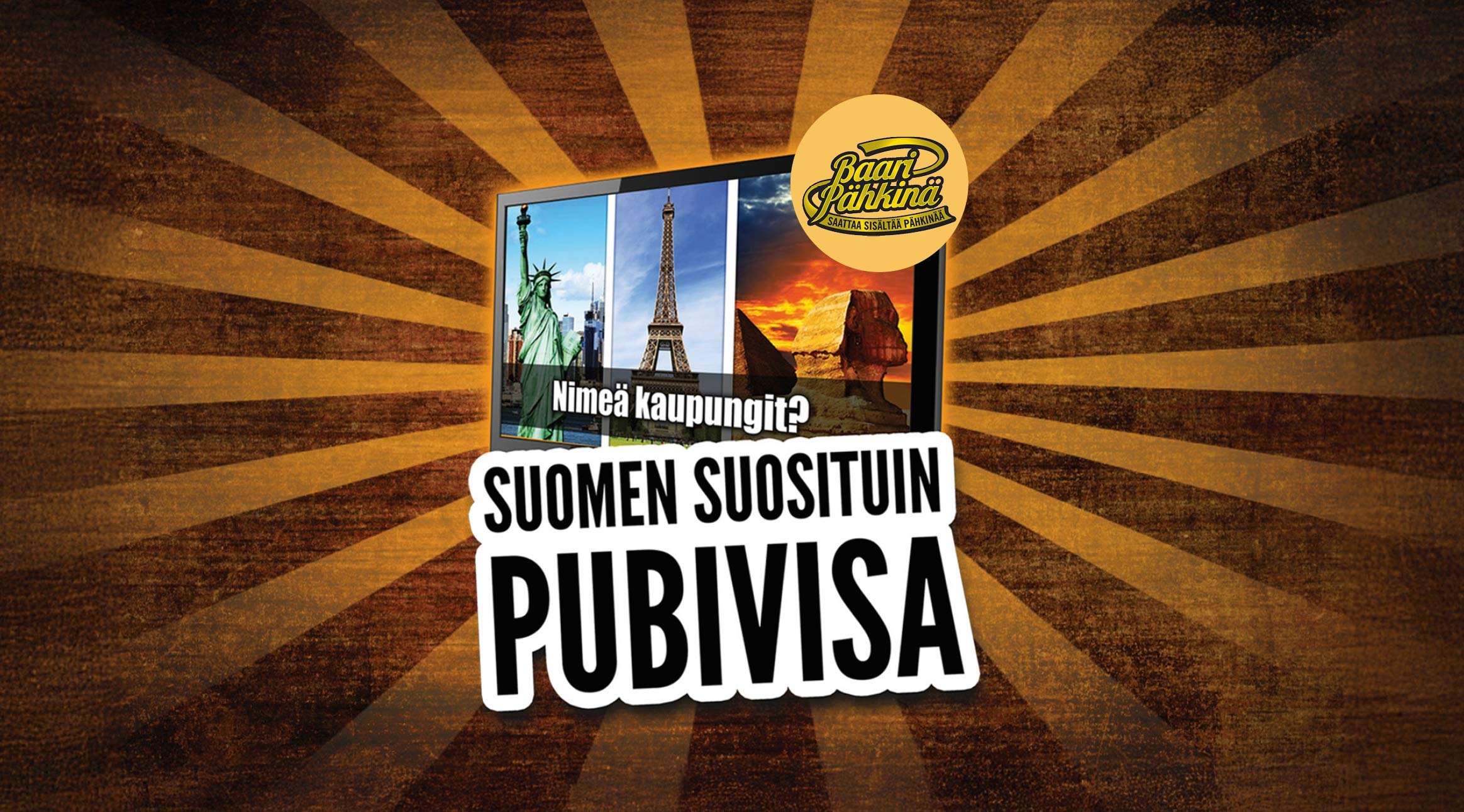 Reklamgrafik för ett pubquiz. På en tv-skärm syns Frihetsgudinnan, Eiffeltornet och Sfinxen med pyramiden. I bakgrunden bruna och guldfärgade strålar.