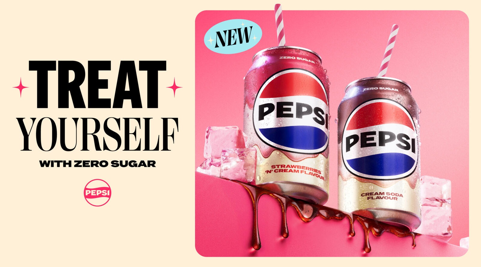 Reklam för nya Pepsi-drycker: jordgubb-grädde och cream soda-smak på burkar med sugrör mot rosa bakgrund, isbitar bredvid.