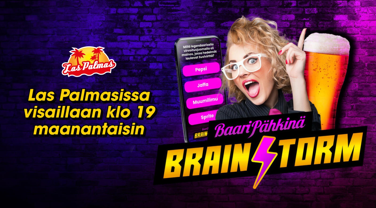Reklamaffisch framför en lila och rosa upplyst tegelvägg, med en person i komiska solglasögon, en telefon och en bild på öl.