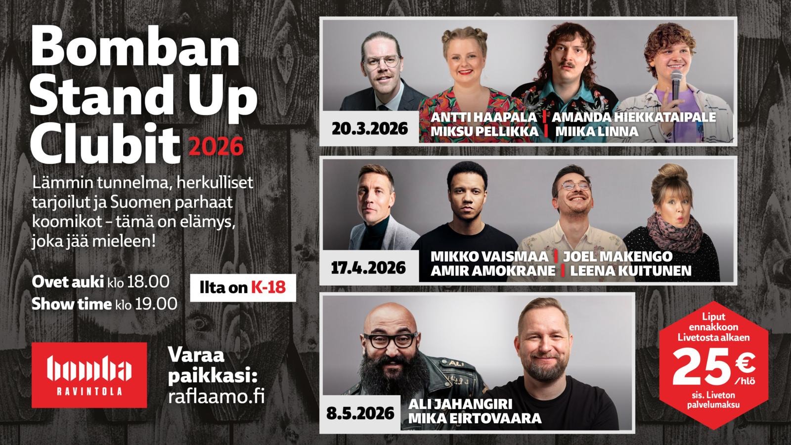 Reklaamplakat Bomban Stand Up Clubit 2026 ürituse kohta, kus esinevad mitmed Soome koomikud kolmel erineval kuupäeval.