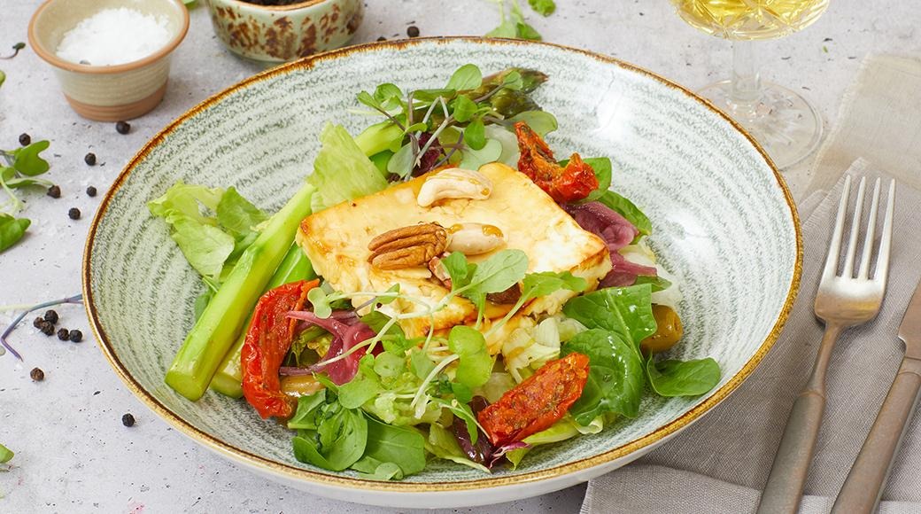 Oven-baked feta cheese and summery salad