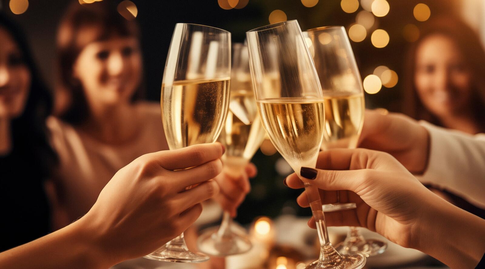 Samppanjalaseja kilistelemässä juhlavassa tilaisuudessa, taustalla lämmintä valaistusta ja ihmisiä.