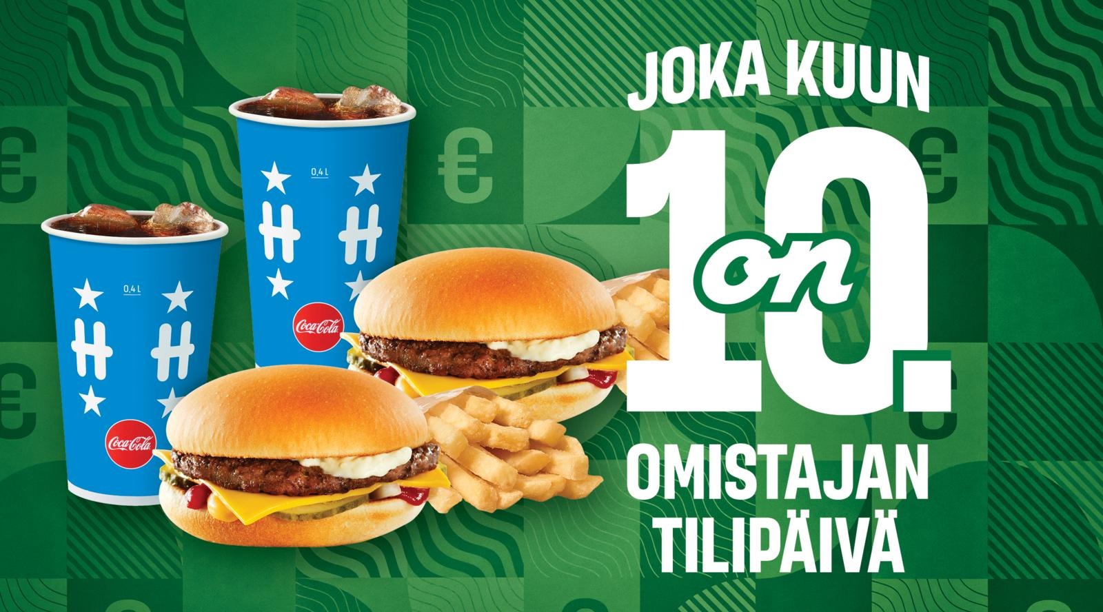 Kaksi Hesburgerin juustoateriaa vihreällä kuviotaustalla