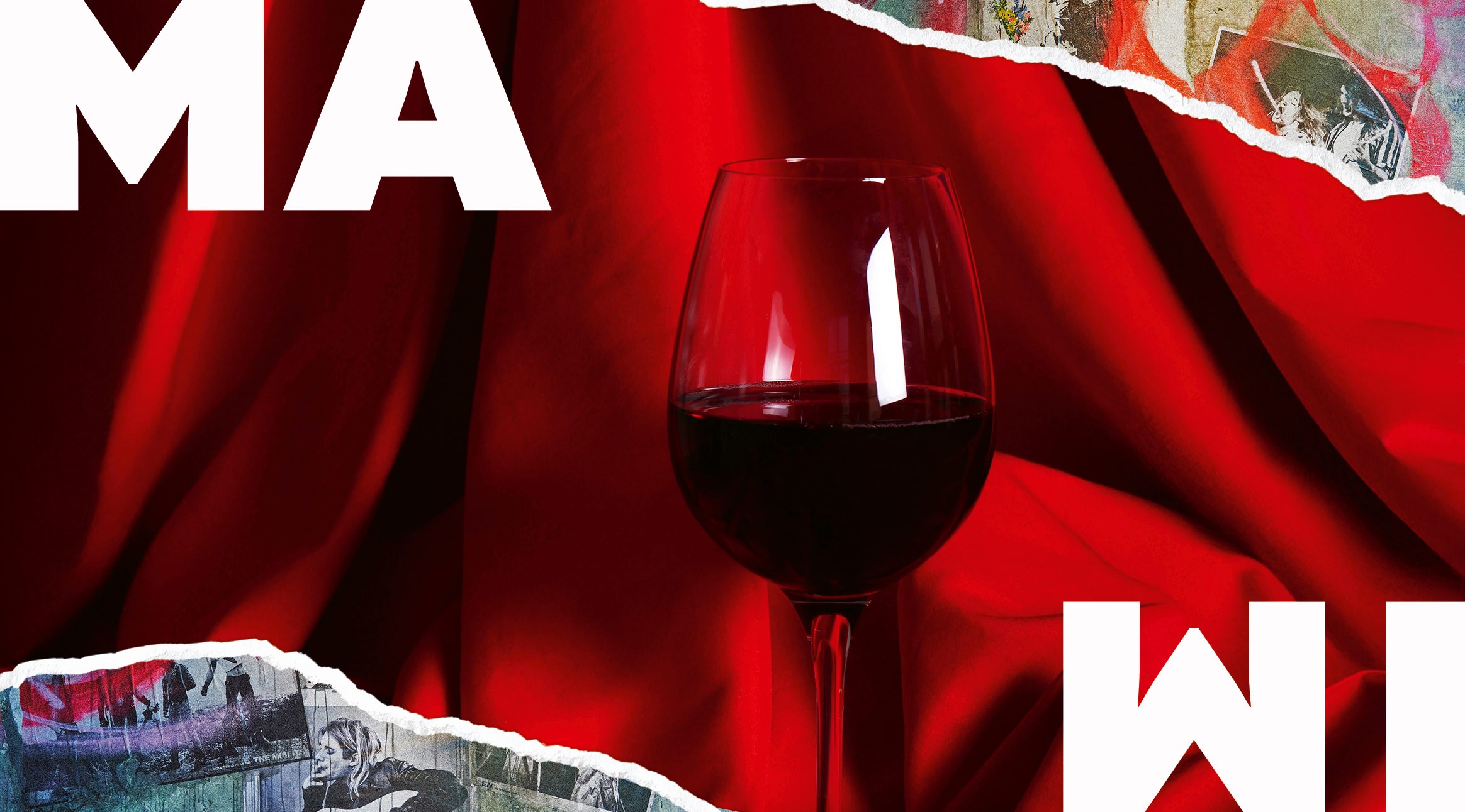 Viinilasi, jossa punaviiniä, punaisella taustalla. Kollaasissa revittyjen valokuvien reunoja.