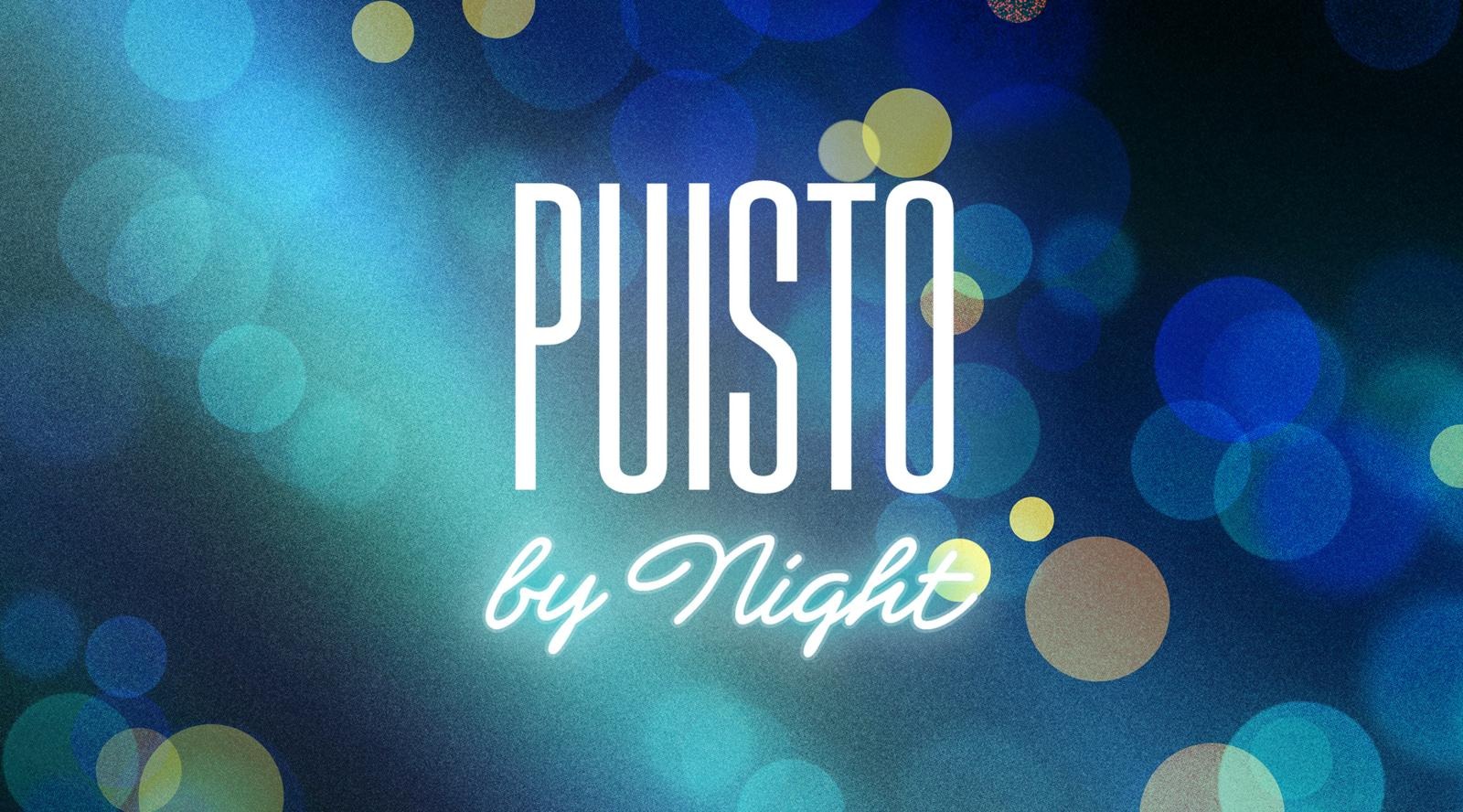 Sininen bokeh-efektitausta ja päällä teksti "Puisto by Night"