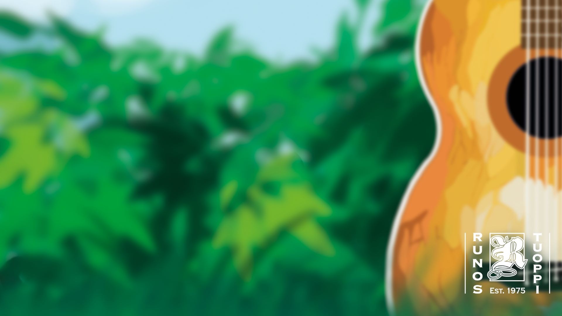 Akustisk gitarr utomhus framför grön vegetation.