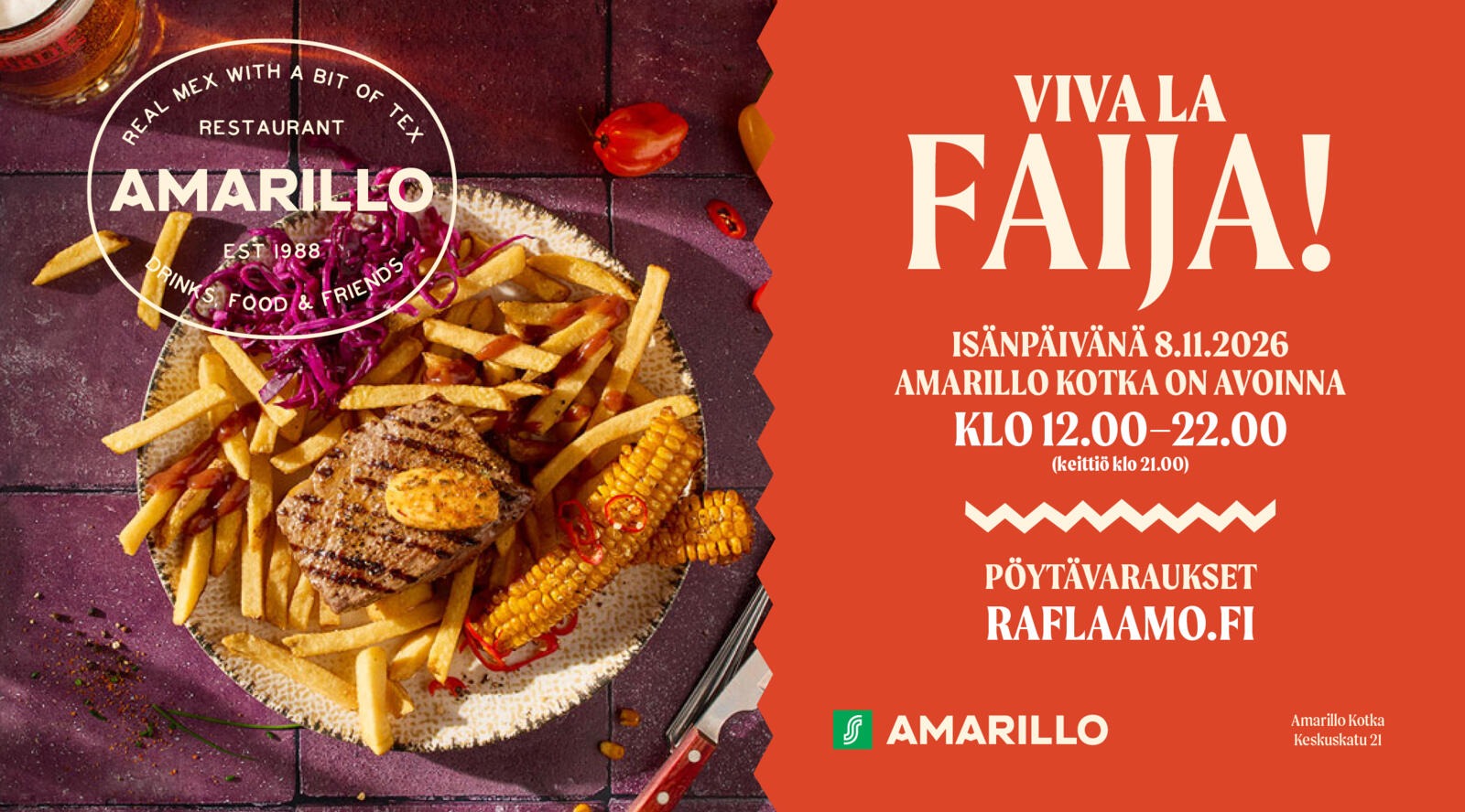 Grillad biff med smörklick, pommes frites, rödkålssallad och grillad majs på en tallrik mot violett kakelbakgrund. Till höger en orange reklambakgrund.