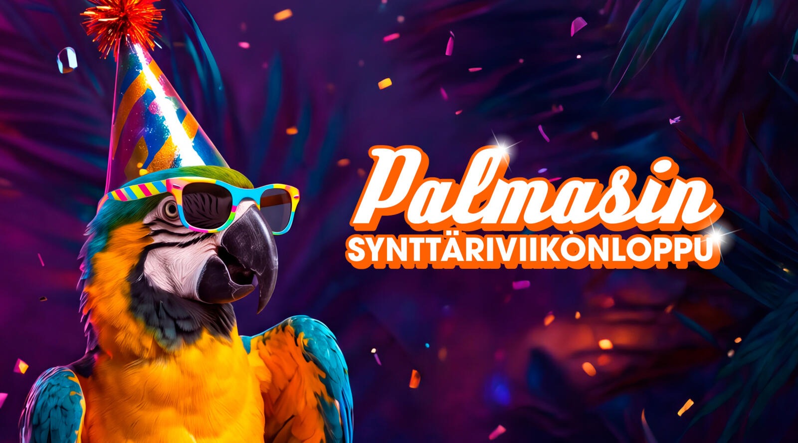 Colourful macaw wearing a party hat and striped sunglasses. Purple jungle leaves and confetti in the background.