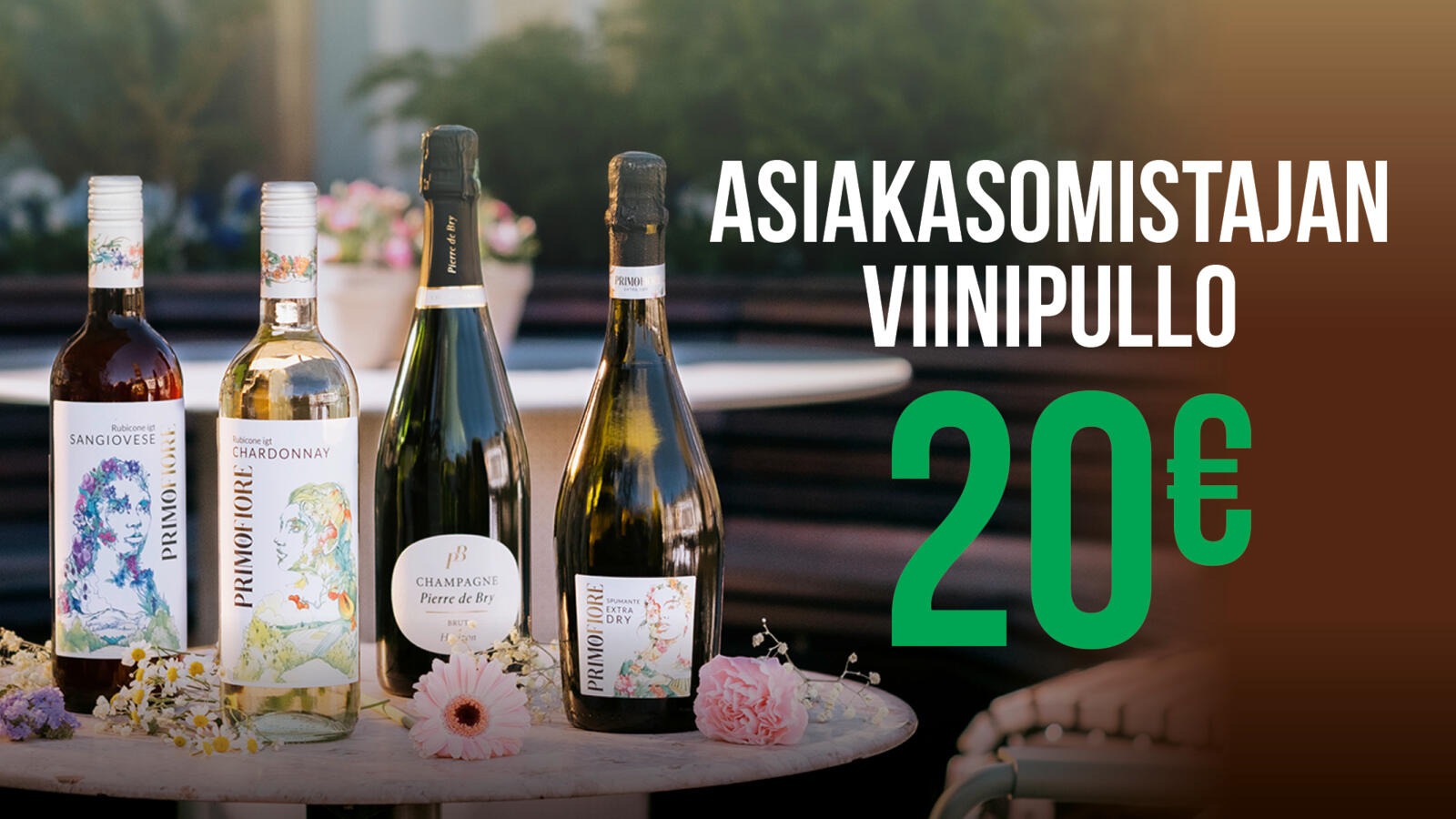 Asiakasomistajaviinipullot pöydällä