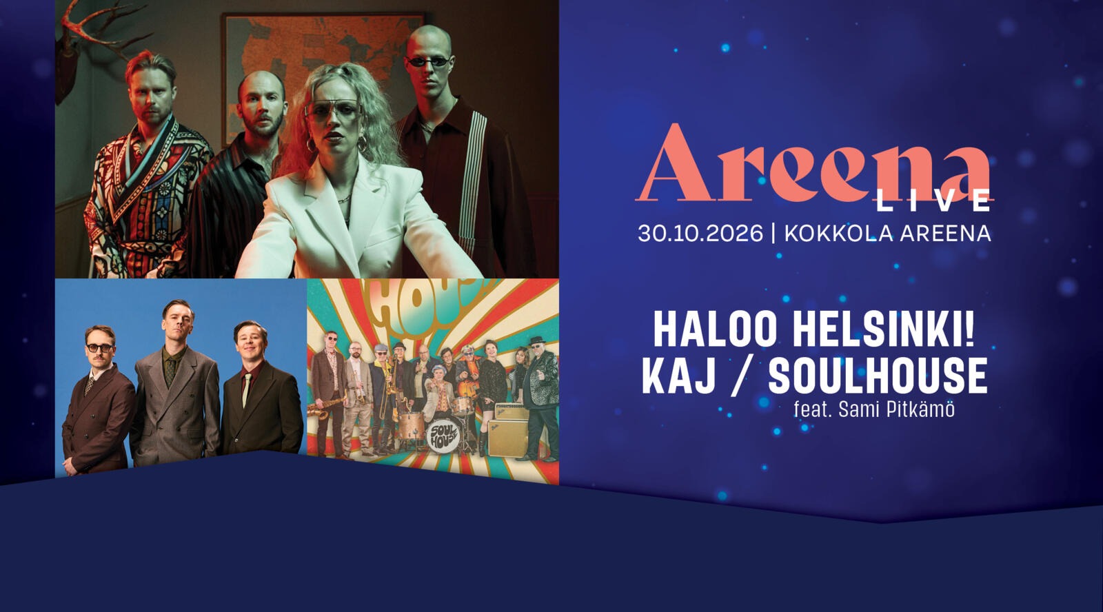 Concert poster featuring three artist photos against a blue background.