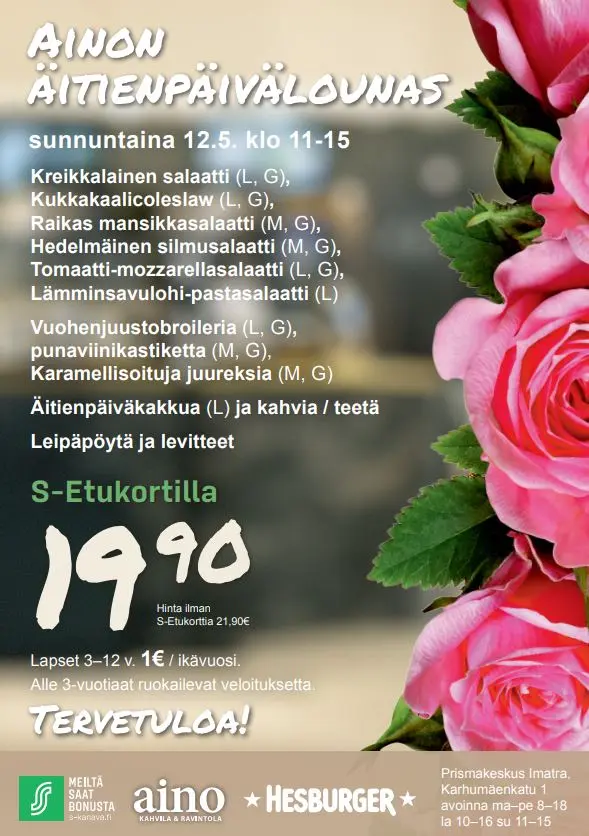 Ainon äitienpäivälounaan menu 12.5.2024