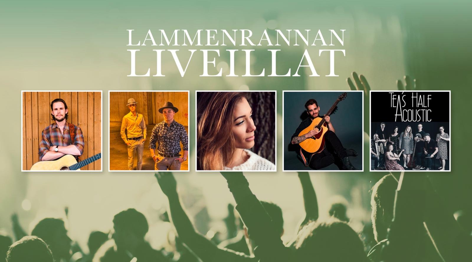 Lammenrannan liveiltojen esiintyjät vihreällä yleisötaustalla.
