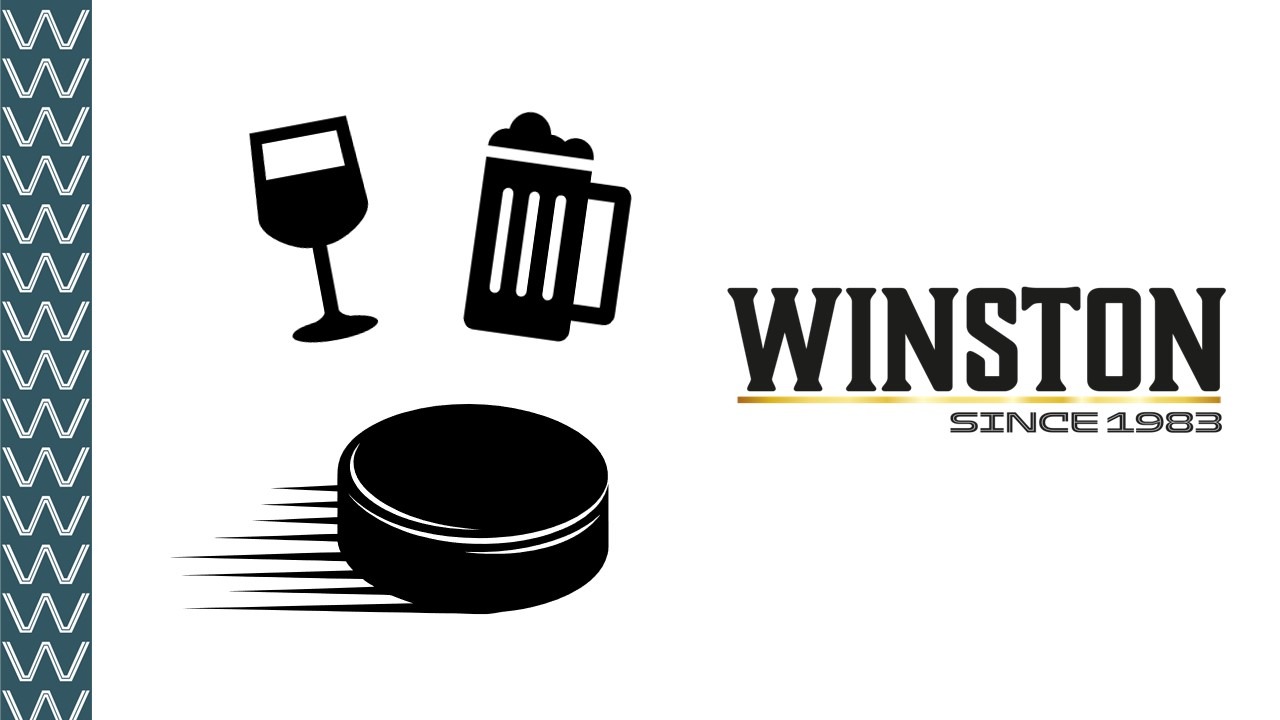 Winston-barens logotyp med vinglas, ölglas och ishockeypuck som svarta symboler på vit bakgrund.