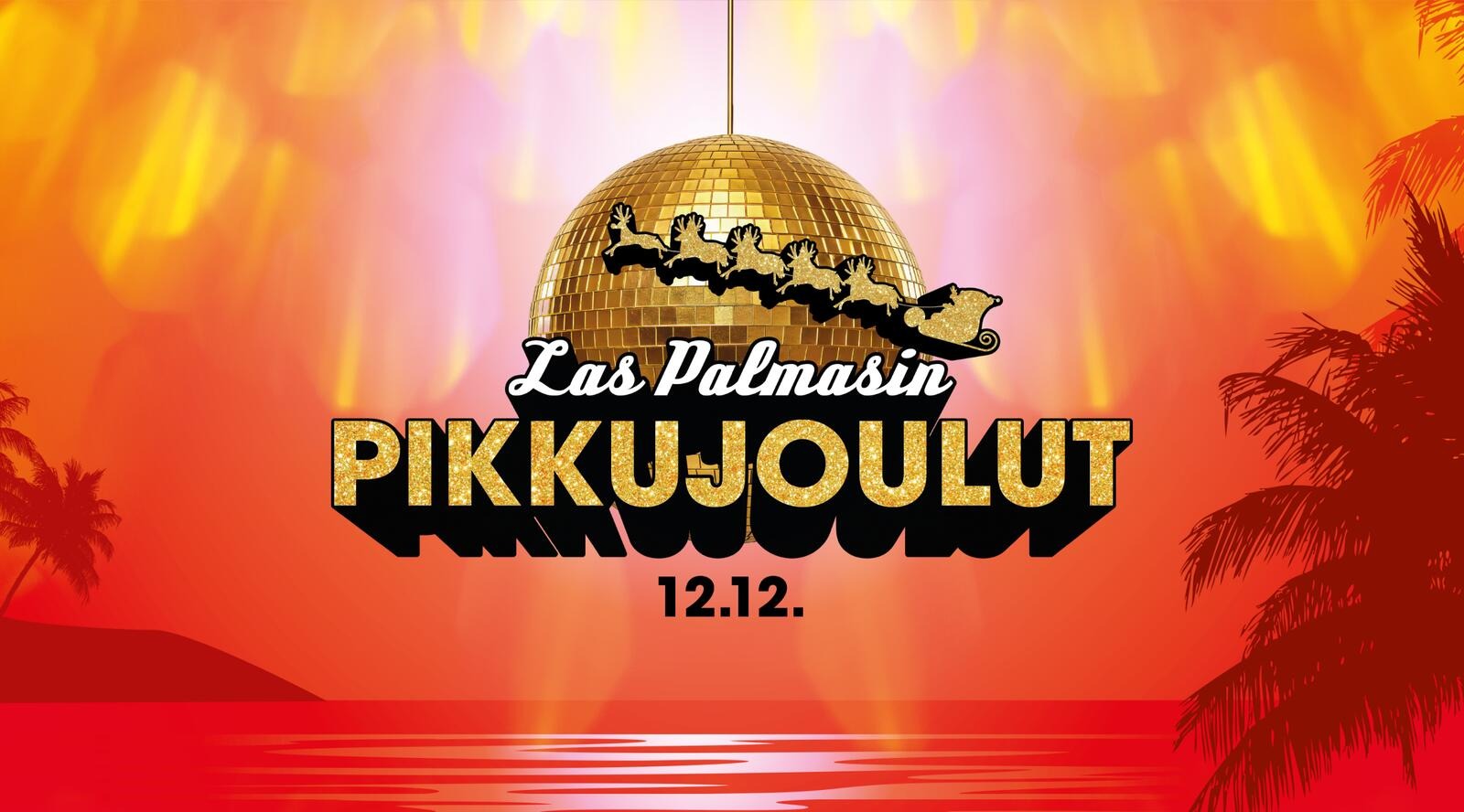 Kultainen discopallo, jonka edessä pukki lentää reellä porojen kanssa. Las Palmasin pikkujoulujen logo.