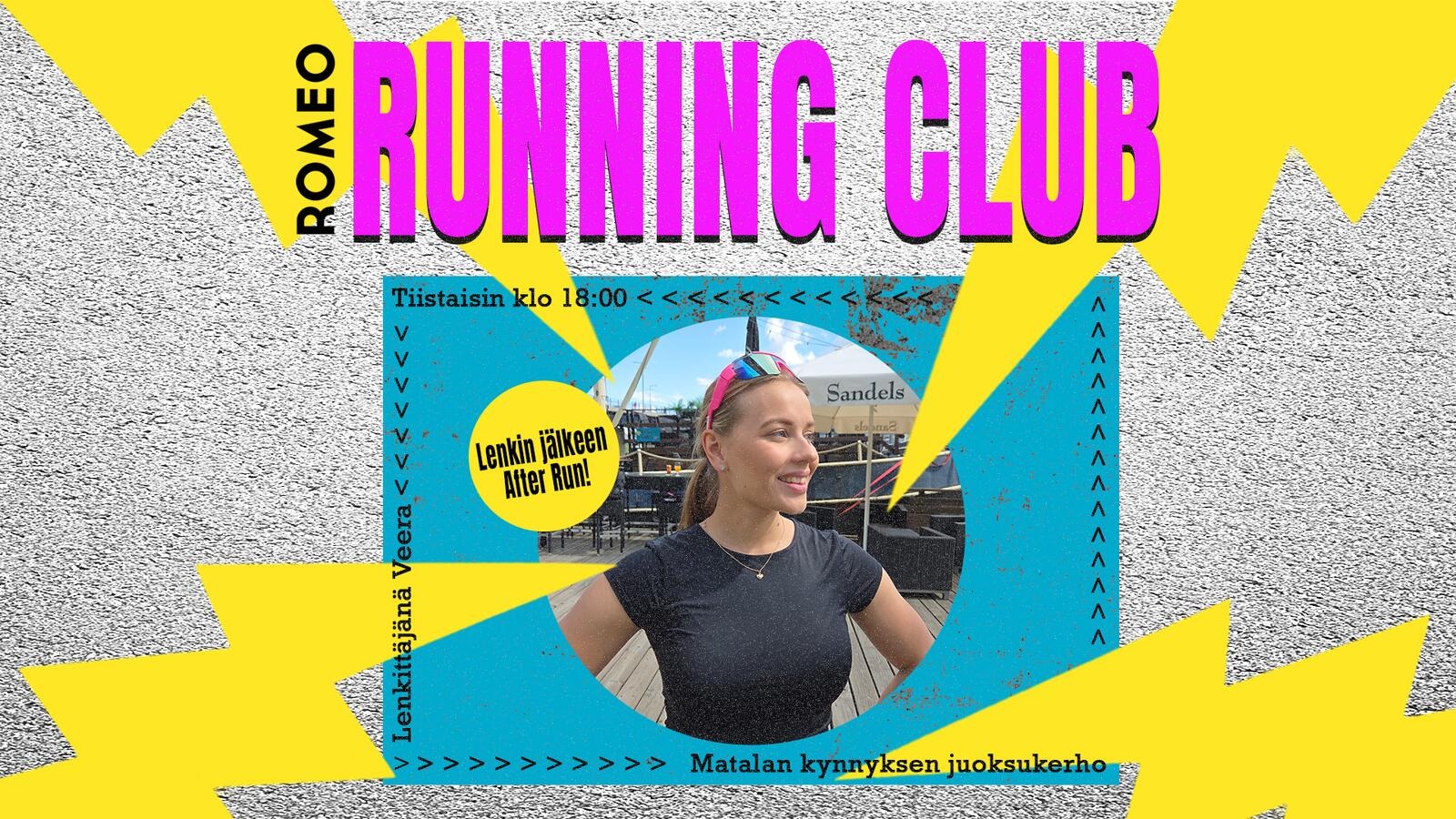 Romeo running club joka tiistai kuudelta! Lenkin jälkeen after run tarjoukset. matalan kynnyksen juoksukerho. Kuvassa ohjaaja Veera