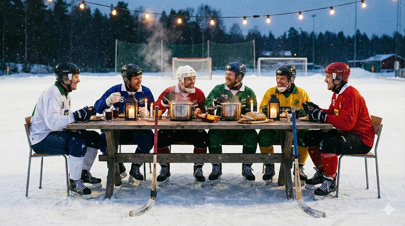 Jääkiekkoilijat eri väriasuissa syömässä illallista jäällä puisella pöydällä, lyhtyjen valossa talvi-iltana.