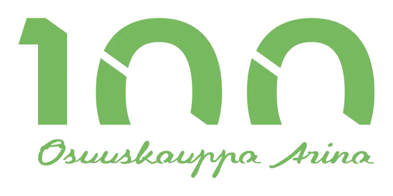 Kuvassa on vihreällä kirjoitettuna iso teksti "100", jonka alapuolella teksti "Osuuskauppa Arina".