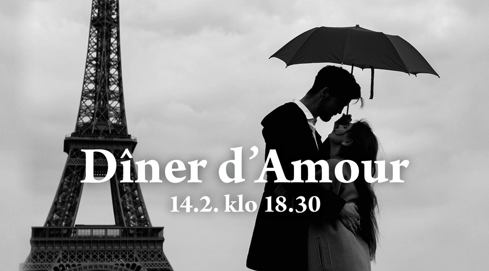 Pariskunta katsoo toisiaan sateenvarjon alla. Taustalla Eiffel-torni pilvistä taivasta vasten.