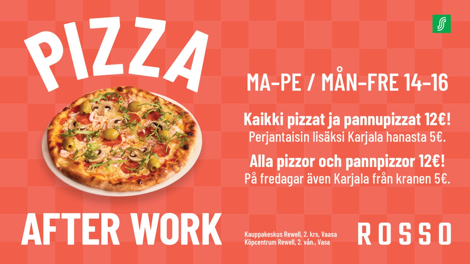 Pizzareklam med röd bakgrund. Pizzan har salami, svamp, oliver och färska örter på en vit tallrik.