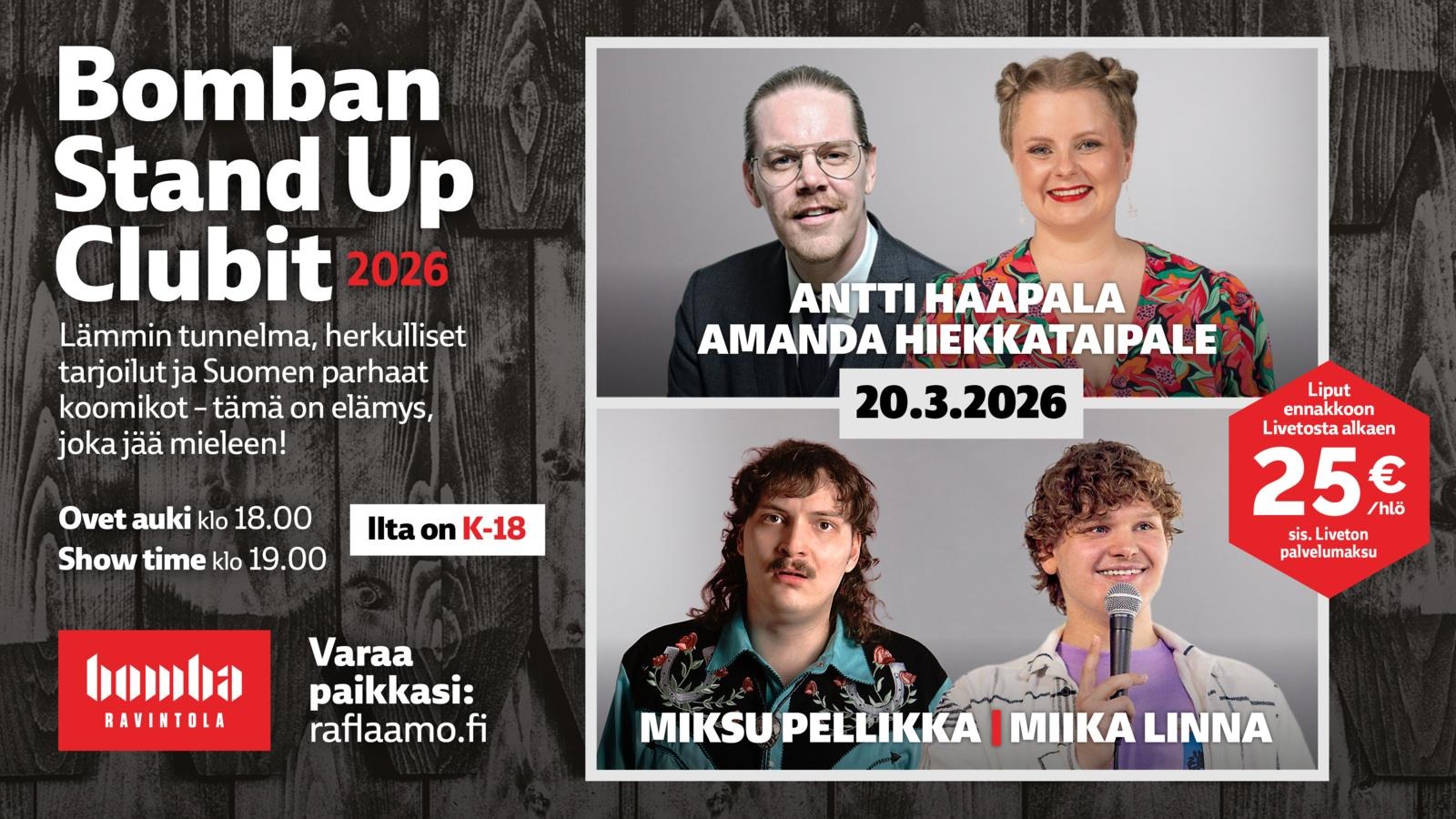 Reklaamplakat Bomba Stand Up Clubit üritusele 20.3.2026, kus on kujutatud neli koomikut hallil taustal.