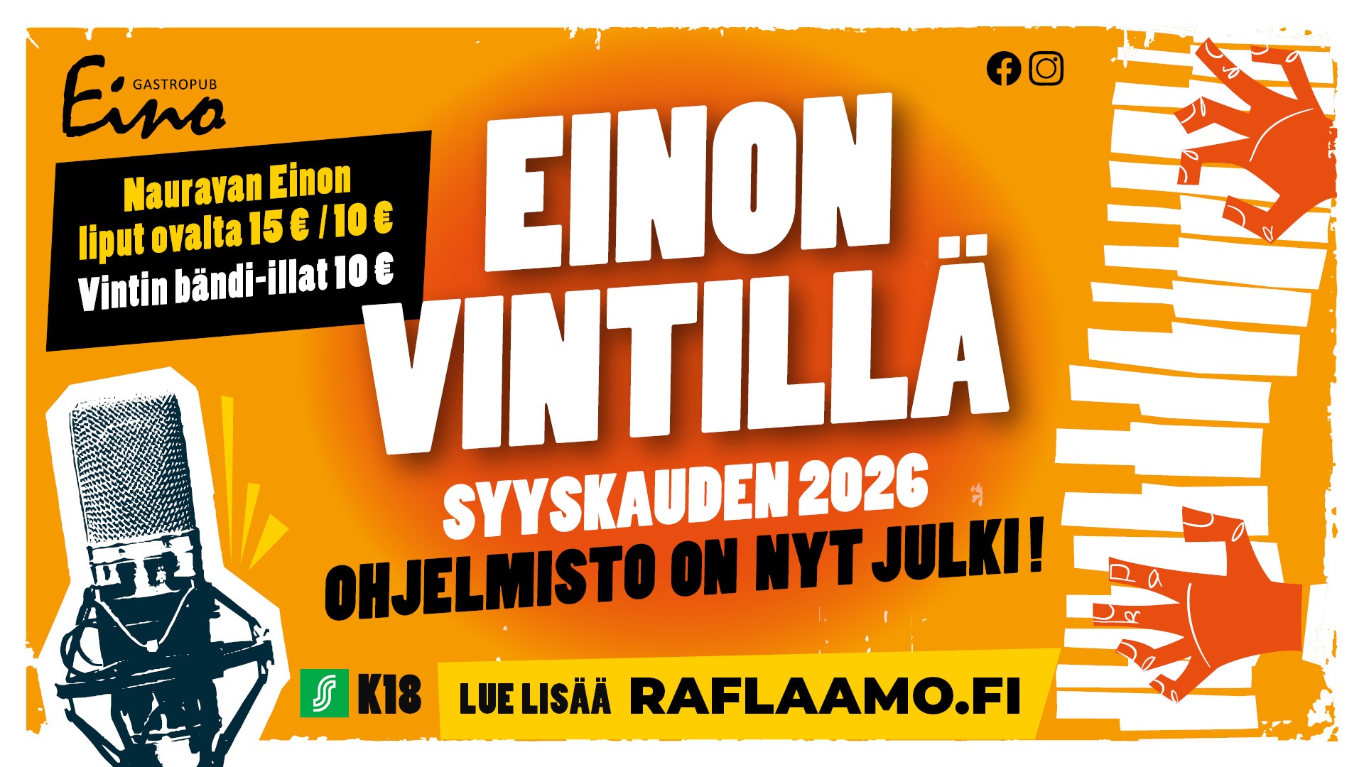 Orange promotional poster featuring studio microphone and event announcement.