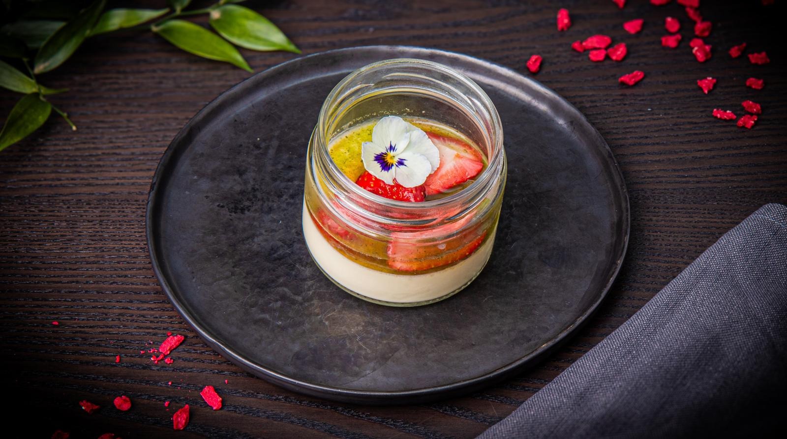 Lime and strawberry panna cotta